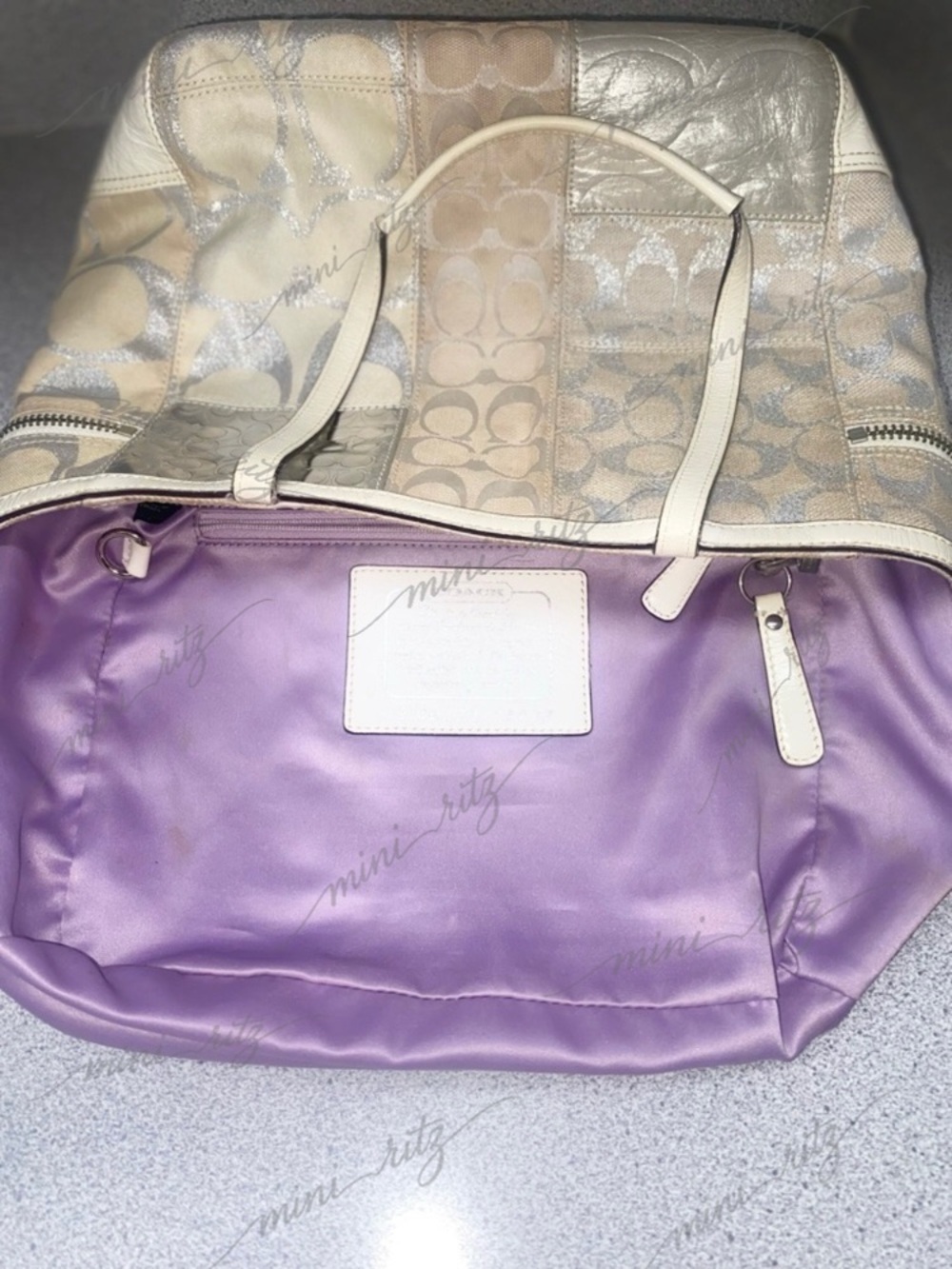Coach Signature White, Beige and Silver Patchwork Tote GUC - Picture 7 of 15